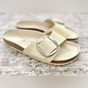 Birkenstock Madrid Big Buckle Sandals 40 Size 9 High Shine Leather Cream Butter